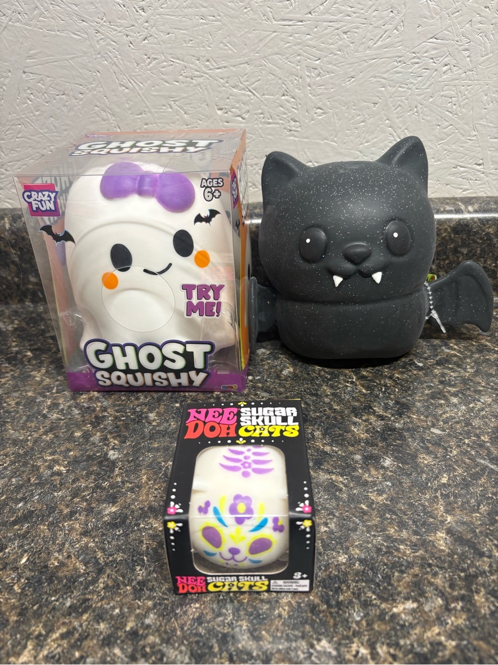 Halloween Squishy Lot. Sugar Skull Cat Needoh, Girl Ghost, Cracker Barrel Bat